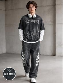 Coolqubz Fall Teen Boys 2 Pieces Set American Retro Baggy Flame Gothic Letter 2 In 1 Top Wide Leg Printed Denim Jeans Hip-Hop Outfit Sixth Form - Multicolor - View 5