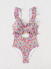 SHEIN Swim 女款白色花卉連身泳衣，夏季波西米亞度假風荷葉邊鏤空比基尼，洋紅色碎花V領沙灘裝，泳池派對度假穿搭 - 彩色 - 查看 2