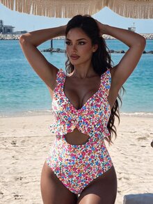 SHEIN Swim 女款白色花卉連身泳衣，夏季波西米亞度假風荷葉邊鏤空比基尼，洋紅色碎花V領沙灘裝，泳池派對度假穿搭 - 彩色 - 查看 1
