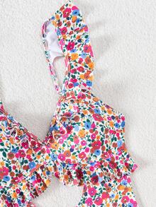 SHEIN Swim 女款白色花卉連身泳衣，夏季波西米亞度假風荷葉邊鏤空比基尼，洋紅色碎花V領沙灘裝，泳池派對度假穿搭 - 彩色 - 查看 7