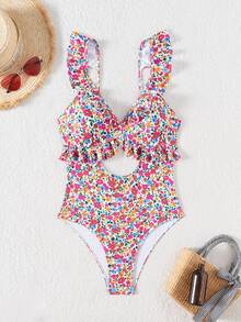 SHEIN Swim 女款白色花卉連身泳衣，夏季波西米亞度假風荷葉邊鏤空比基尼，洋紅色碎花V領沙灘裝，泳池派對度假穿搭 - 彩色 - 查看 5