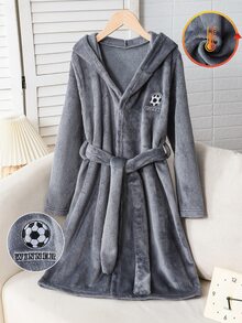 男童灰色厚絨素色極簡時尚足球英文字母刺繡設計長袖加厚抓毛內裡衛衣 - 灰色 - 查看 4