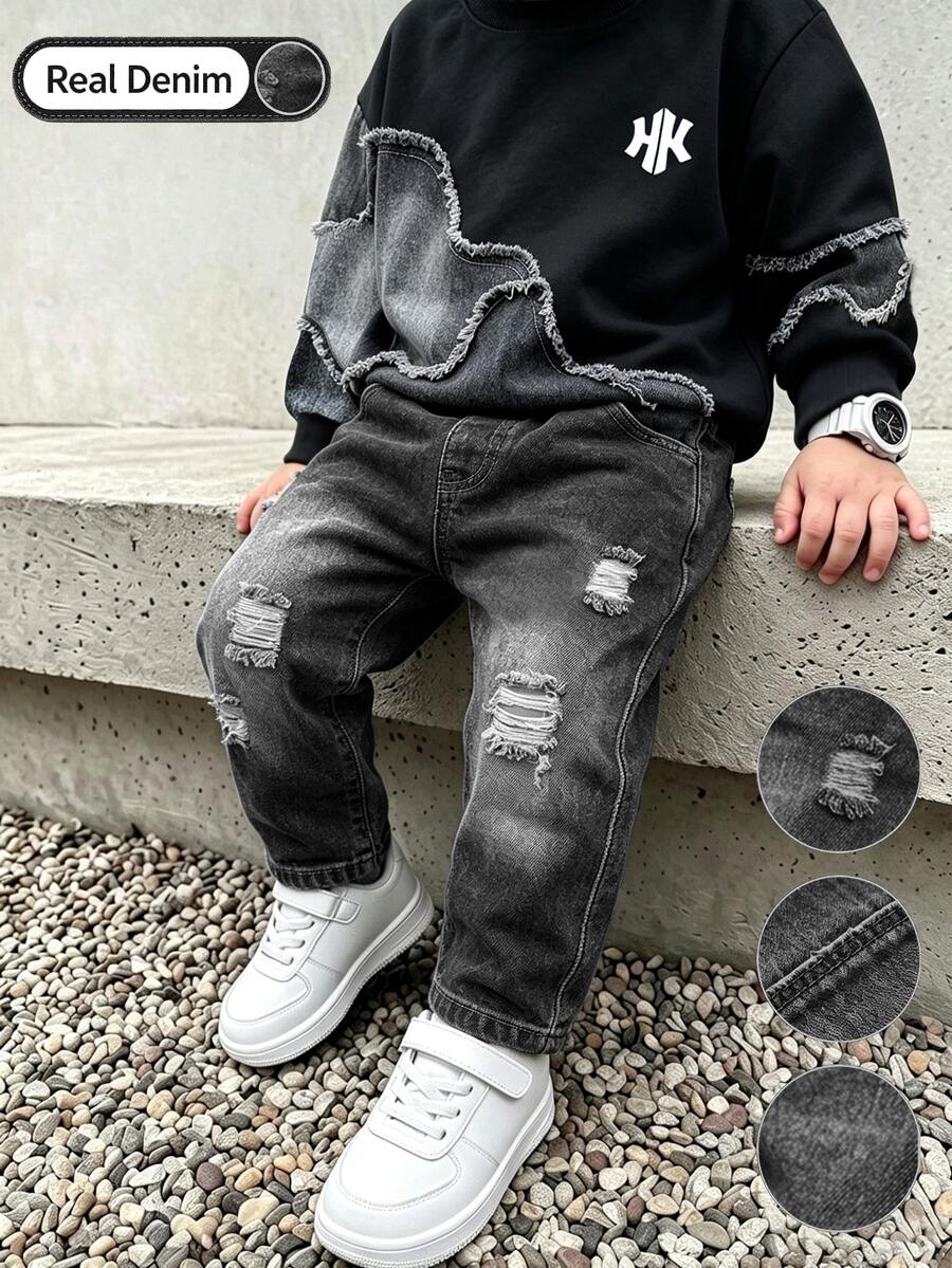 2pcs Boys Raw Edge Denim Patchwork Embroidery Sweatshirt Ripped Jeans, Elastic Waist Denim Pants, Fall Kids Outfit Birthday - Black - View 1
