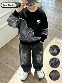 2pcs Boys Raw Edge Denim Patchwork Embroidery Sweatshirt Ripped Jeans, Elastic Waist Denim Pants, Fall Kids Outfit Birthday - Black - View 3