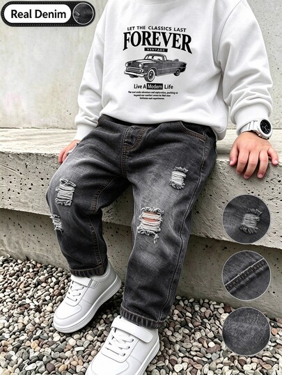 SHEIN 2Pcs Toddler Boys Vintage Car Letter Print Sweatshirt & Distressed Elastic Waist Denim Jogger Pants, Long Sleeve Pullover, Autumn Kids Casual Outfit