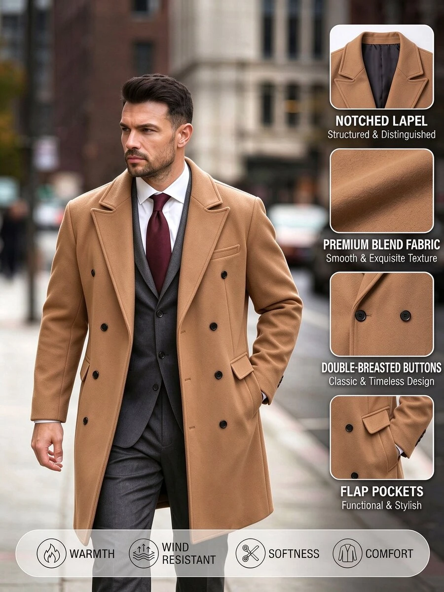 Manfinity Mode Herrkappa i enfärgad kamel med knappar och lång ärm, höststil, formell för kontor, arbete och casual elegant - Kaki - Visa 1