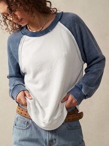 Bohemela Women's Minimalist Casual Colorblock Long Sleeve Sweatshirt For Weekend Outings Everyday School White And Blue Fall - Blue and White - View 3