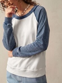 Bohemela Women's Minimalist Casual Colorblock Long Sleeve Sweatshirt For Weekend Outings Everyday School White And Blue Fall - Blue and White - View 5