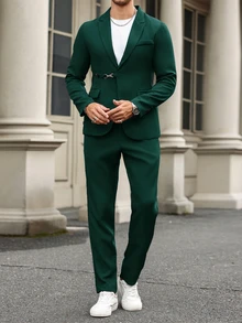 Manfinity AFTRDRK Men's Metal Decor Business/Formal Suit Set (Jacket And Pants) - Dark Green - View 3