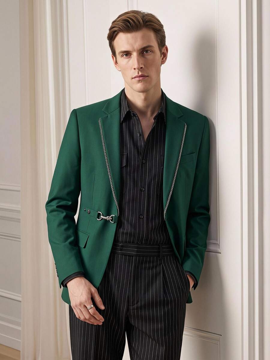 Manfinity AFTRDRK Men's Metal Decor Business/Formal Suit Set (Jacket And Pants) - Dark Green - View 1