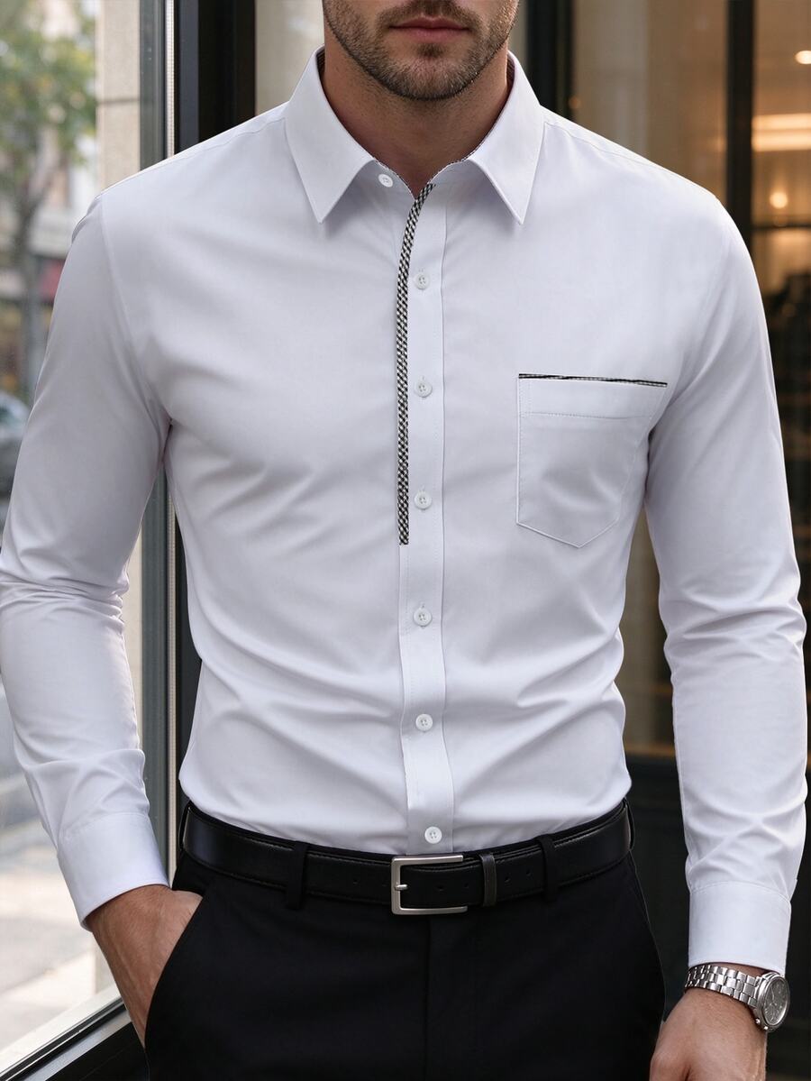 Manfinity Bizformal 男士優雅老錢風白色正式襯衫,黑色格紋細節,胸前口袋,長袖商務休閒上衣 - 白色 - 查看 1
