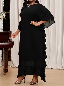 SHEIN Lady Black Summer Elegant Formal Evening Al-Adha Women Plus Size Chiffon Scoop Neck Flowy Batwing Sleeve Ruffle Hem Modest Party Cocktail Tunic Dress Fall - Black - View 5