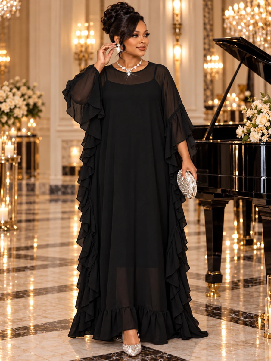 SHEIN Lady Black Summer Elegant Formal Evening Al-Adha Women Plus Size Chiffon Scoop Neck Flowy Batwing Sleeve Ruffle Hem Modest Party Cocktail Tunic Dress Fall - Black - View 1