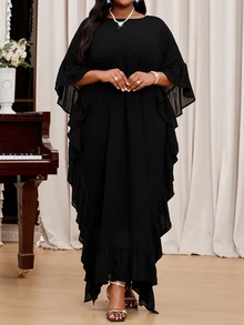 SHEIN Lady Black Summer Elegant Formal Evening Al-Adha Women Plus Size Chiffon Scoop Neck Flowy Batwing Sleeve Ruffle Hem Modest Party Cocktail Tunic Dress Fall - Black - View 4