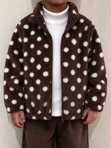 SHEIN 1件男童運動休閒長袖拉鍊夾克，柔軟抓絨布料波點印花，適合秋冬日常穿著與戶外運動，柔軟舒適保暖，4-7歲男孩抓絨內裡外套 - 棕色 - 查看 1