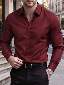 Calvornis Men's Business Plaid Single-Breasted Short Sleeve Shirt For Office And Commuting, Formal, Old Money - Burgundy - View 1