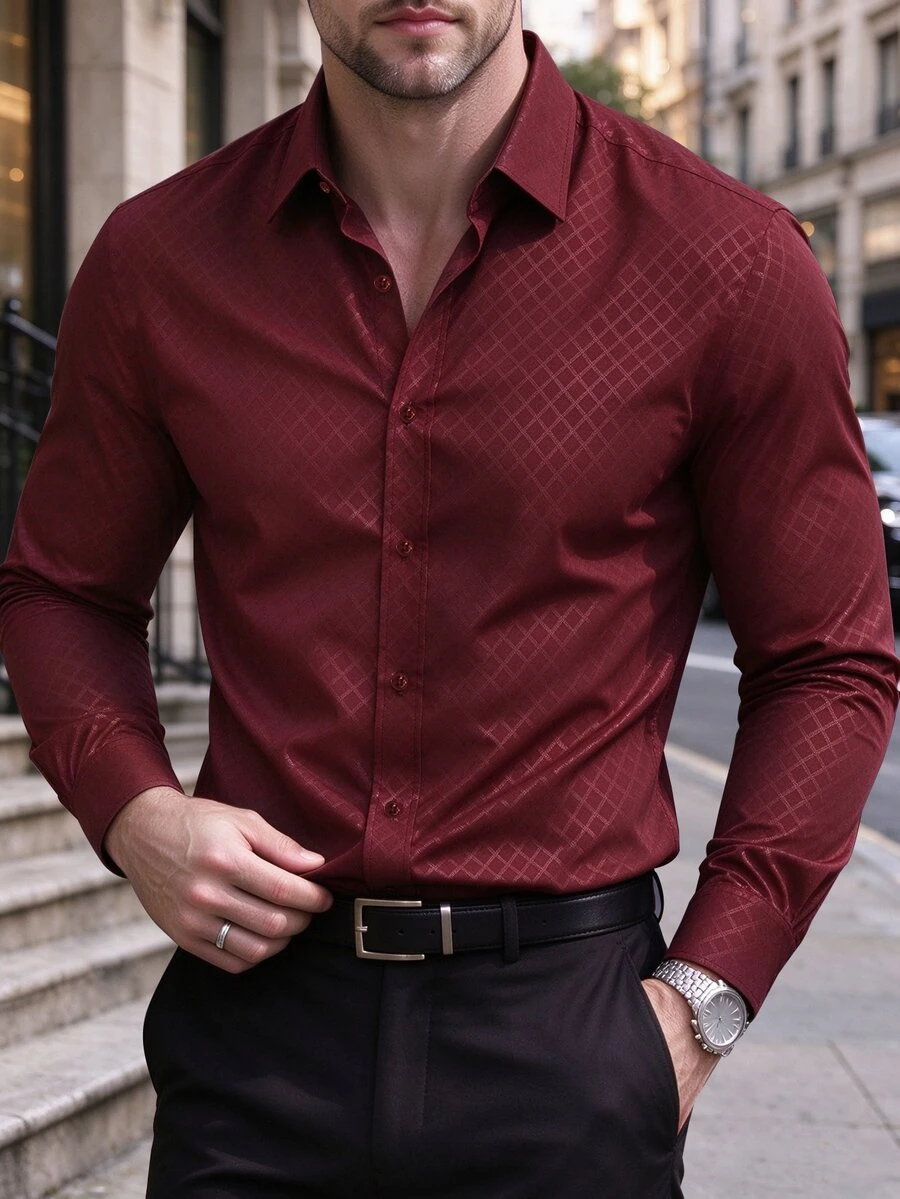 Calvornis Men's Business Plaid Single-Breasted Short Sleeve Shirt For Office And Commuting, Formal, Old Money - Burgundy - View 1