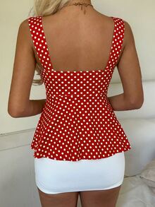 CovetEZ Top de tirantes para mujer con estampado de lunares rojos y blancos, diseño retorcido y fruncido, estilo casual romántico retro de los 70, para verano, brunch, picnic y vacaciones - Rojo - Ver 2