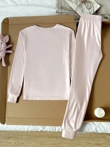 SHEIN 青少年女孩卡通貓圖案長袖長褲休閒舒適修身款 - 粉色 - 查看 8