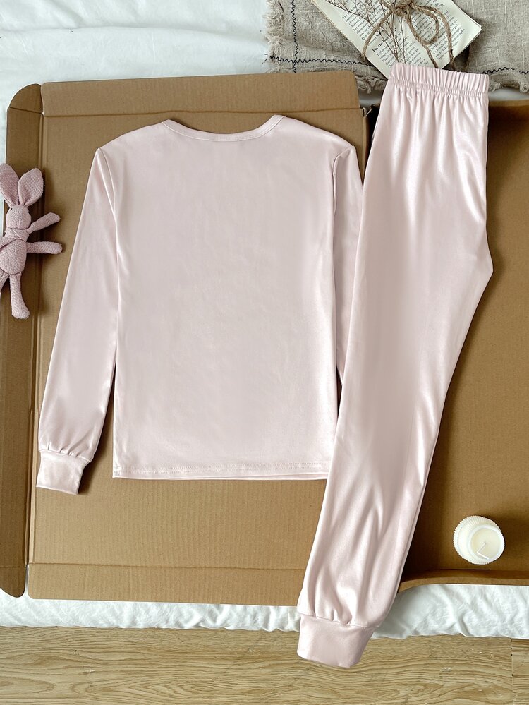 SHEIN Tween Girl Cartoon Cat Pattern Long Sleeve Long Pants Casual Comfortable Slim Fit - Pink - View 8