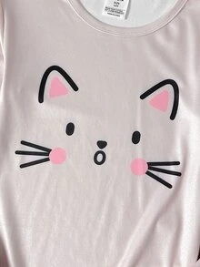 SHEIN 青少年女孩卡通貓圖案長袖長褲休閒舒適修身款 - 粉色 - 查看 2