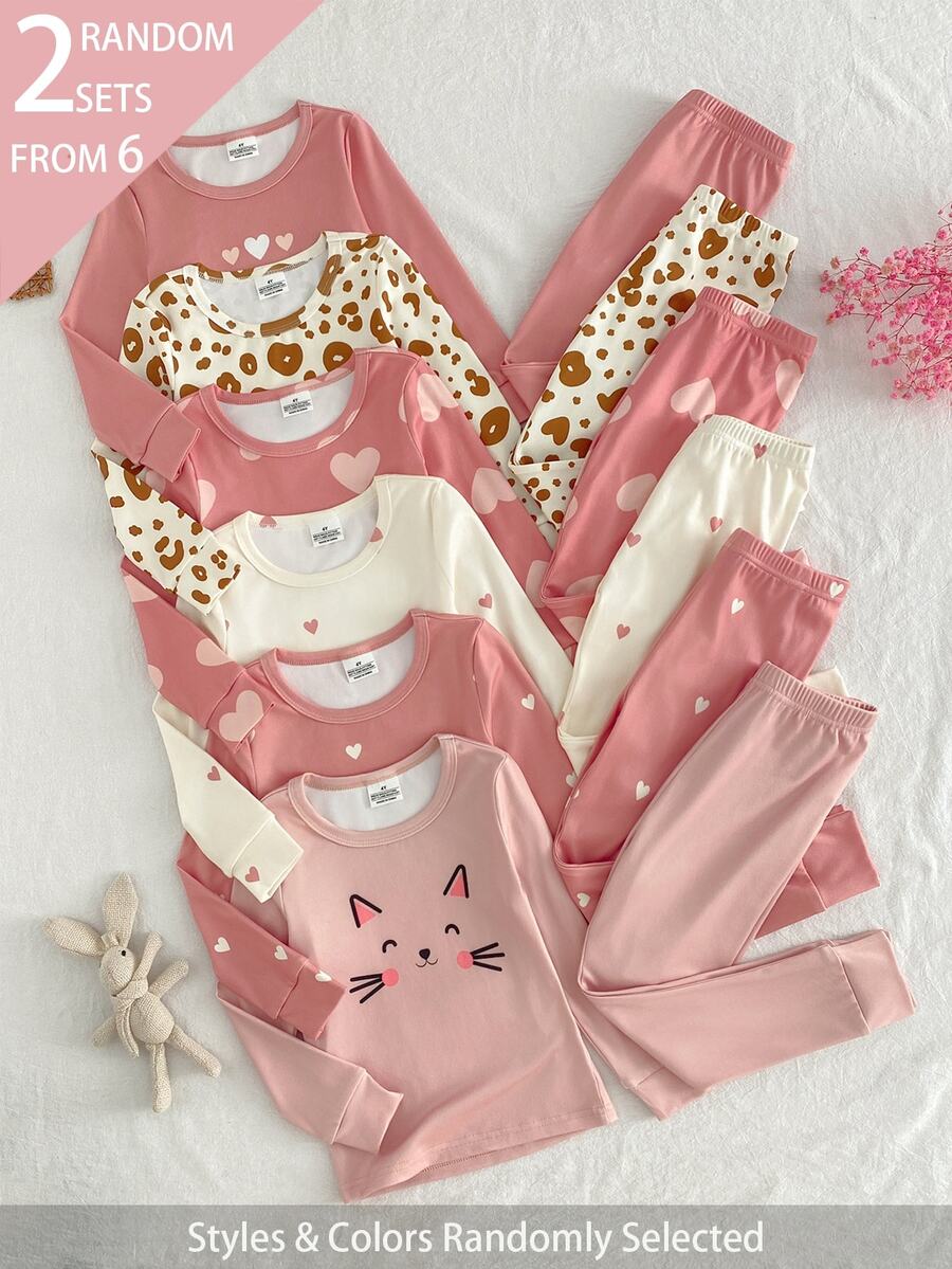SHEIN 青少年女孩卡通貓圖案長袖長褲休閒舒適修身款 - 粉色 - 查看 1