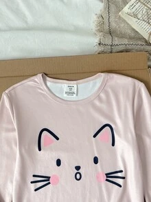 SHEIN 青少年女孩卡通貓圖案長袖長褲休閒舒適修身款 - 粉色 - 查看 6