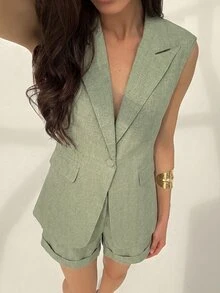 Modelyn Old Money Style Summer Sleeveless Blazer Vest Top & Straight Leg Shorts Women's Elegant Casual Commuter Suit Set - Green - View 6