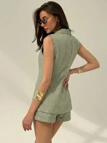 Modelyn Old Money Style Summer Sleeveless Blazer Vest Top & Straight Leg Shorts Women's Elegant Casual Commuter Suit Set - Green - View 2