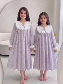 青少年女孩休閒日常百搭舒適寬鬆花卉圖案居家服 - 紫色 - 查看 1