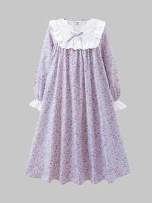青少年女孩休閒日常百搭舒適寬鬆花卉圖案居家服 - 紫色 - 查看 6