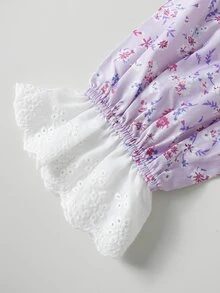 青少年女孩休閒日常百搭舒適寬鬆花卉圖案居家服 - 紫色 - 查看 4