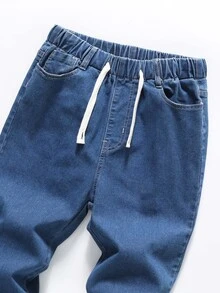 SHEIN 青少年男孩彈性腰抽繩修身彈性淺灰色牛仔褲，百搭休閒寬鬆舒適校園大學時尚 2027 秋季 - 深色水洗藍 - 查看 5