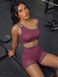 Innovista Innovista Women's Summer Pink Sports Set Striped One Shoulder Sleeveless Cropped Top And Shorts Going Out Sporty Activewear Casual Daily Wear - Multicolor - View 4