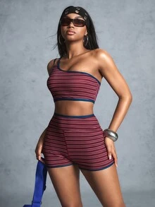 Innovista Innovista Women's Summer Pink Sports Set Striped One Shoulder Sleeveless Cropped Top And Shorts Going Out Sporty Activewear Casual Daily Wear - Multicolor - View 11