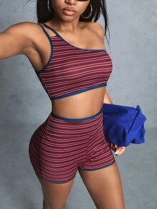 Innovista Innovista Women's Summer Pink Sports Set Striped One Shoulder Sleeveless Cropped Top And Shorts Going Out Sporty Activewear Casual Daily Wear - Multicolor - View 15