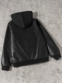 SHEIN 1pc Teen Casual PU Leather Long Sleeve Hooded Jacket, Soft And Comfortable Fabric, Suitable For Daily Wear And Commuting In Autumn/Winter, Suitable For Boys - Black - View 3