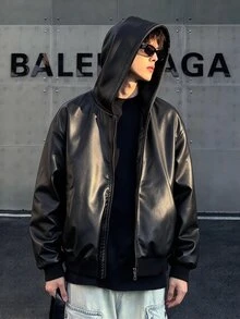 SHEIN 1pc Teen Casual PU Leather Long Sleeve Hooded Jacket, Soft And Comfortable Fabric, Suitable For Daily Wear And Commuting In Autumn/Winter, Suitable For Boys - Black - View 1