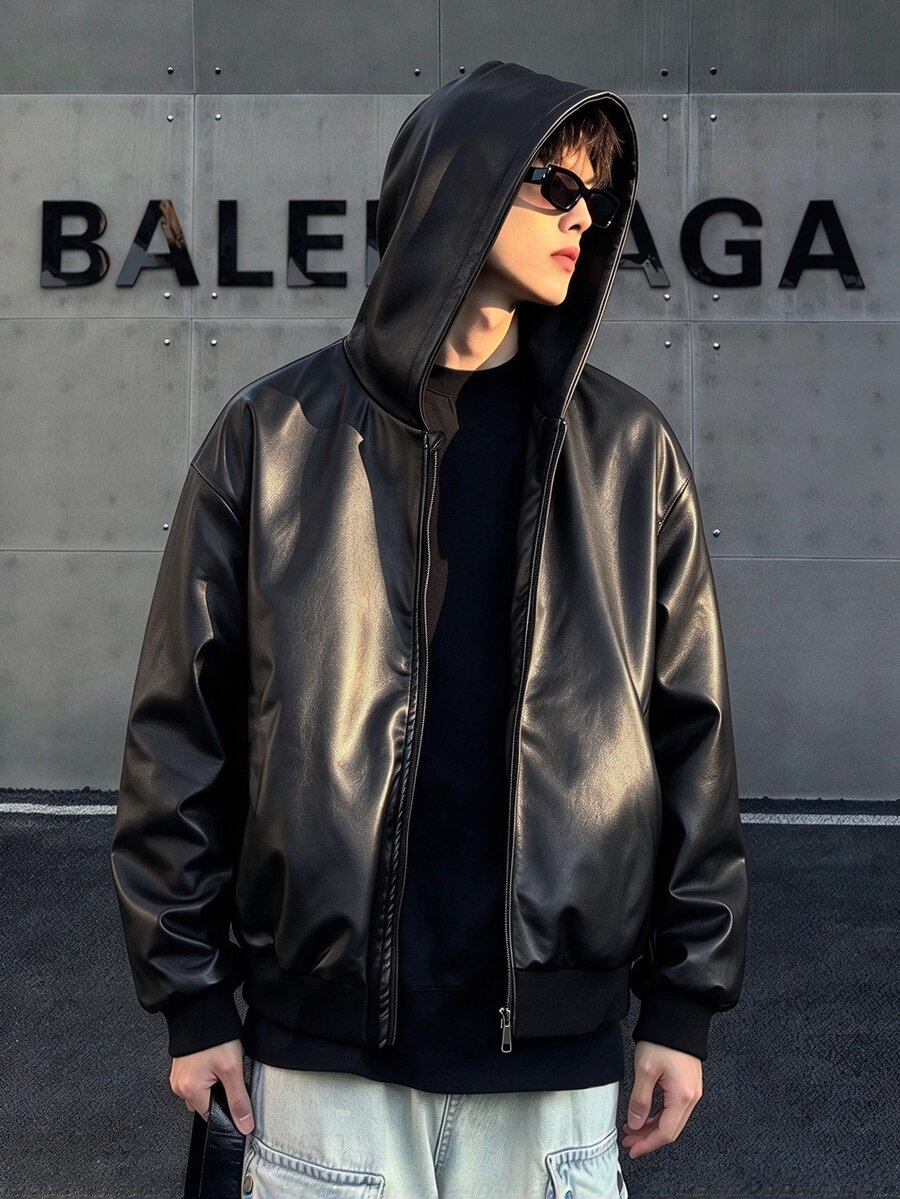 SHEIN 1pc Teen Casual PU Leather Long Sleeve Hooded Jacket, Soft And Comfortable Fabric, Suitable For Daily Wear And Commuting In Autumn/Winter, Suitable For Boys - Black - View 1