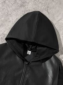 SHEIN 1pc Teen Casual PU Leather Long Sleeve Hooded Jacket, Soft And Comfortable Fabric, Suitable For Daily Wear And Commuting In Autumn/Winter, Suitable For Boys - Black - View 5