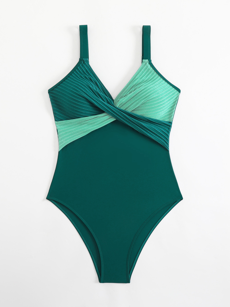SHEIN Swim Striped Special Fabric Criss-Cross Chest One-Piece Swimsuit - Multicolor - View 5