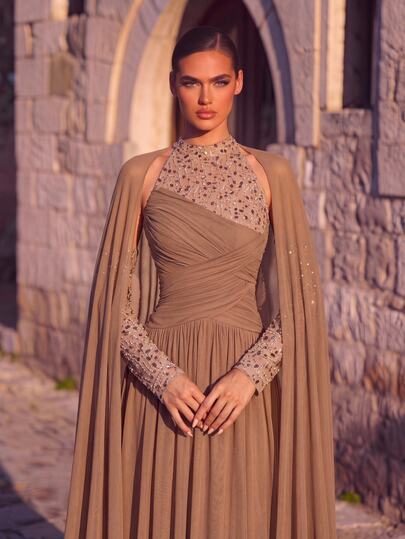 Aureia Elegant Classical Stand Collar Short Sleeve Bandeau Beaded Embroidered Patchwork Chiffon Pleated Bodycon Maxi Dress, Suitable For Holiday Celebrations, Weddings, Balls, Concerts, Business Guest Banquets, Internet Celebrity Events, Women's Formal Evening Gown