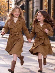 Áo khoác trench dài hai hàng cúc màu nâu lạc đà cho bé gái tween, chất da lộn, có thắt lưng, áo khoác gió mặc ngoài cho mùa thu đông, phù hợp tiệc Giáng sinh và Năm mới - màu nâu - Xem 7