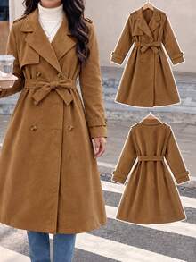 Áo khoác trench dài hai hàng cúc màu nâu lạc đà cho bé gái tween, chất da lộn, có thắt lưng, áo khoác gió mặc ngoài cho mùa thu đông, phù hợp tiệc Giáng sinh và Năm mới - màu nâu - Xem 4