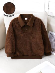 SHEIN Boys' Solid Color Plush Front Button Long Sleeve Casual Sweatshirt, Fashionable Autumn/Winter Style - Brown - View 1
