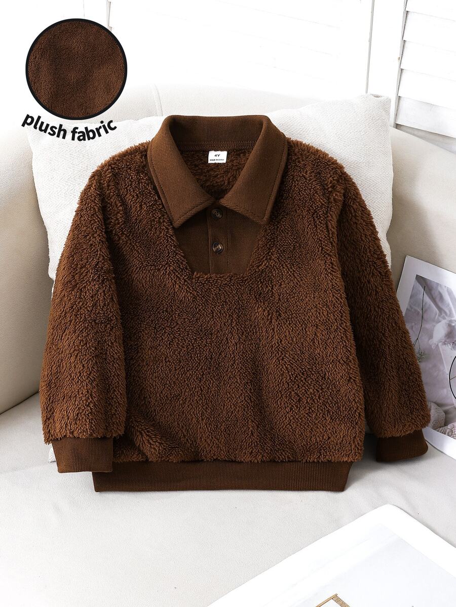 SHEIN Boys' Solid Color Plush Front Button Long Sleeve Casual Sweatshirt, Fashionable Autumn/Winter Style - Brown - View 1