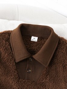 SHEIN Boys' Solid Color Plush Front Button Long Sleeve Casual Sweatshirt, Fashionable Autumn/Winter Style - Brown - View 4