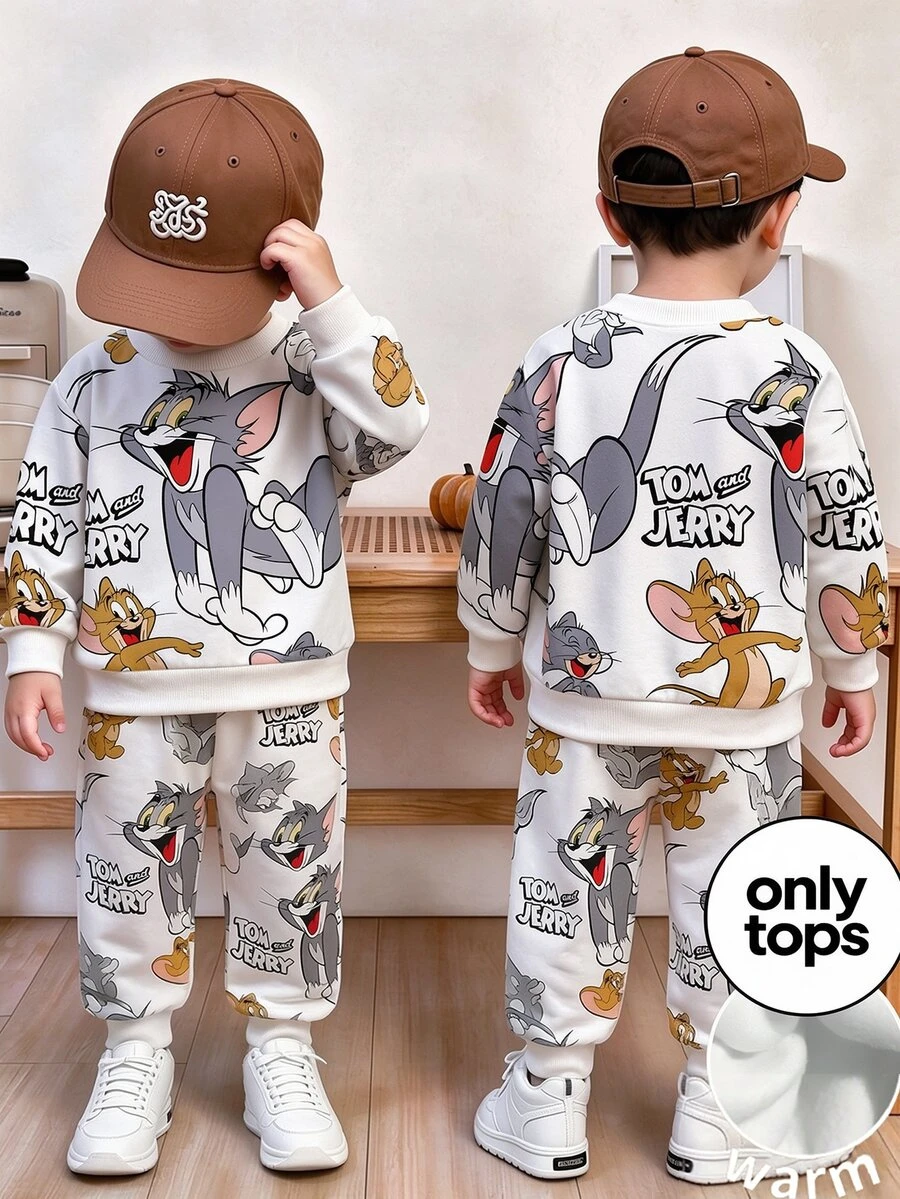TOM & JERRY X SHEIN 小男孩長袖圓領卡通上衣運動衫 - 彩色 - 查看 1