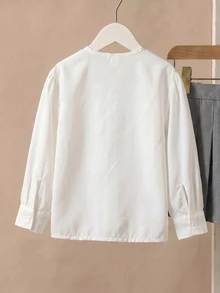 SHEIN Girls' Casual Fairy Cowgirl Fashion New Style Shirt Blouse. Ruffle Collar Decoration Design, White Button Front, Puff Sleeves, Long Sleeve Top, Fall - White - View 3