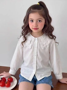 SHEIN Girls' Casual Fairy Cowgirl Fashion New Style Shirt Blouse. Ruffle Collar Decoration Design, White Button Front, Puff Sleeves, Long Sleeve Top, Fall - White - View 2